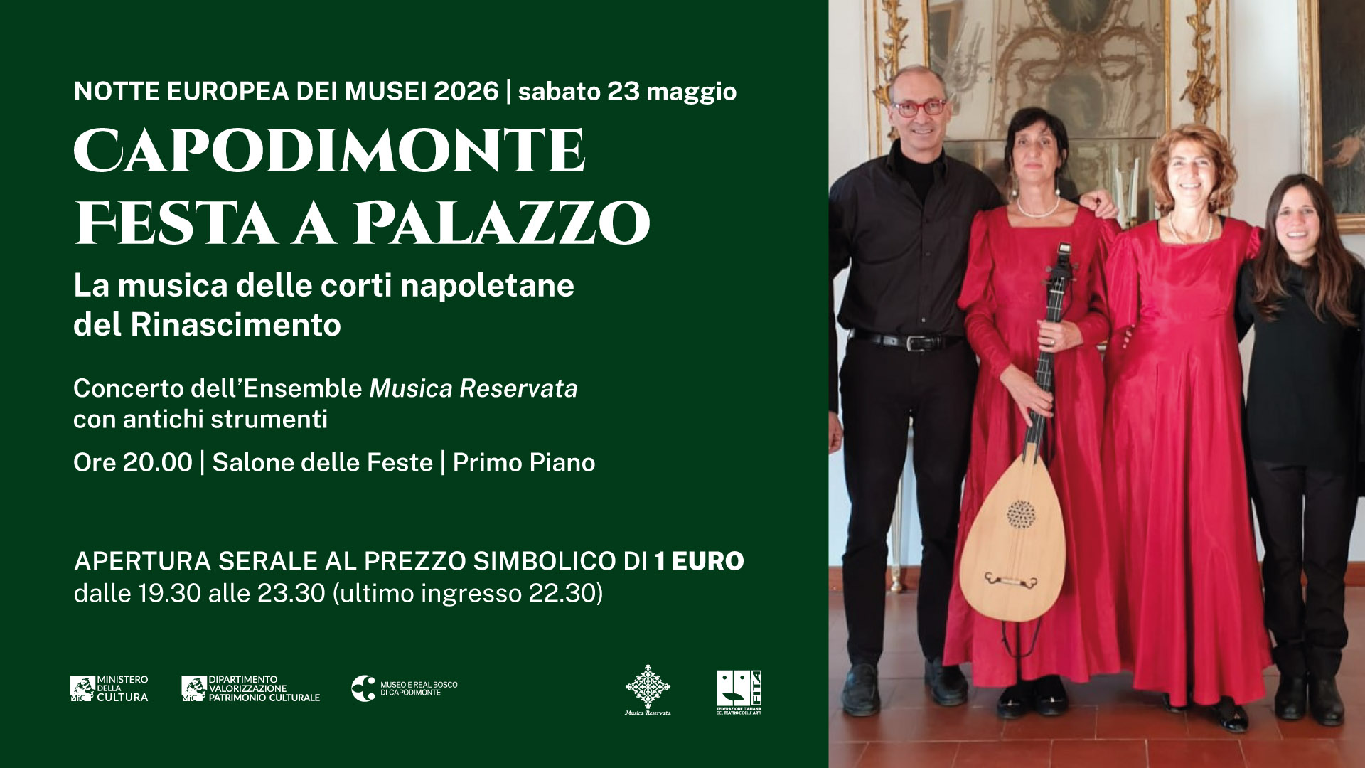 23 maggio 2026 – Notte Europea dei Musei: ingresso a 1€ e concerto