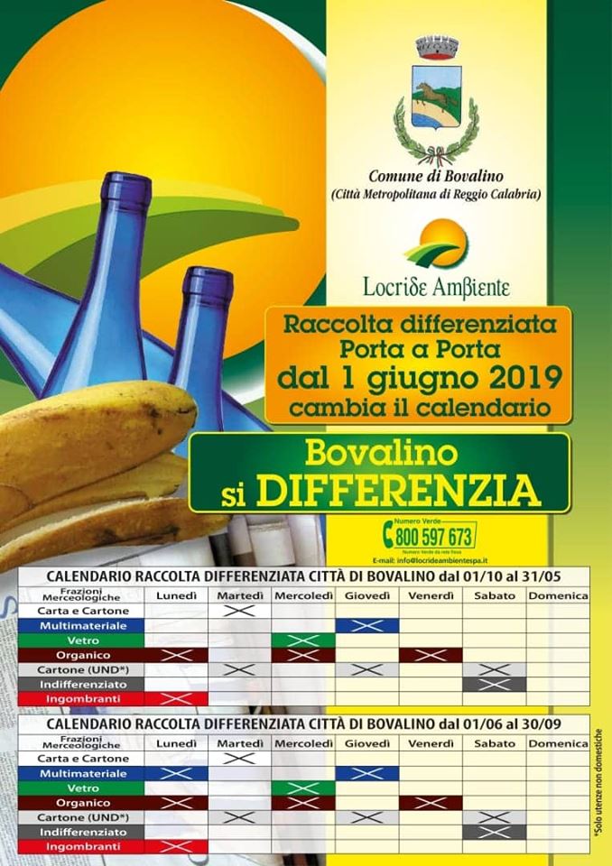 Bovalino riorganizza il calendario della raccolta differenziata: il