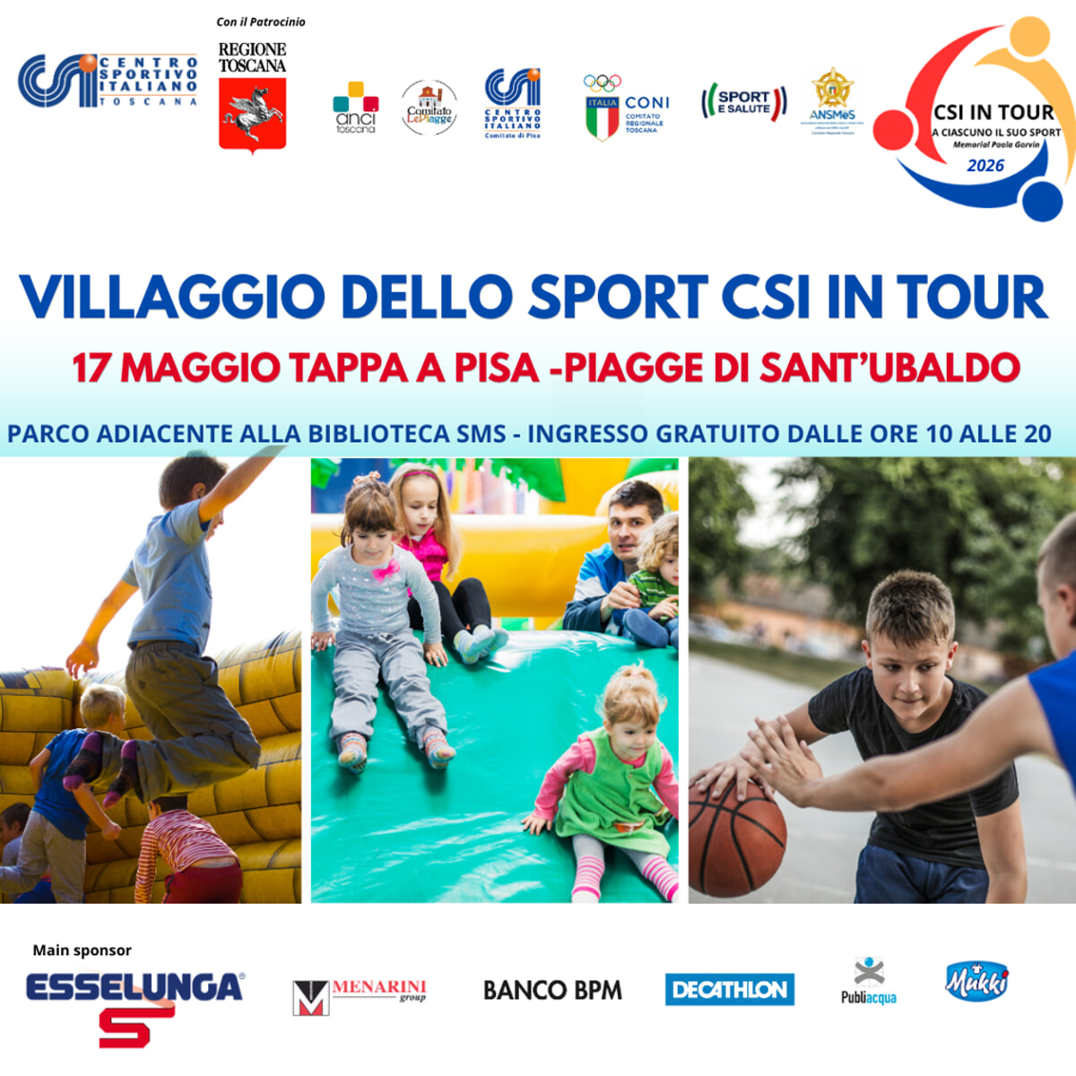 CSI in Tour a Pisa: villaggio sportivo gratuito per bambini e famiglie
