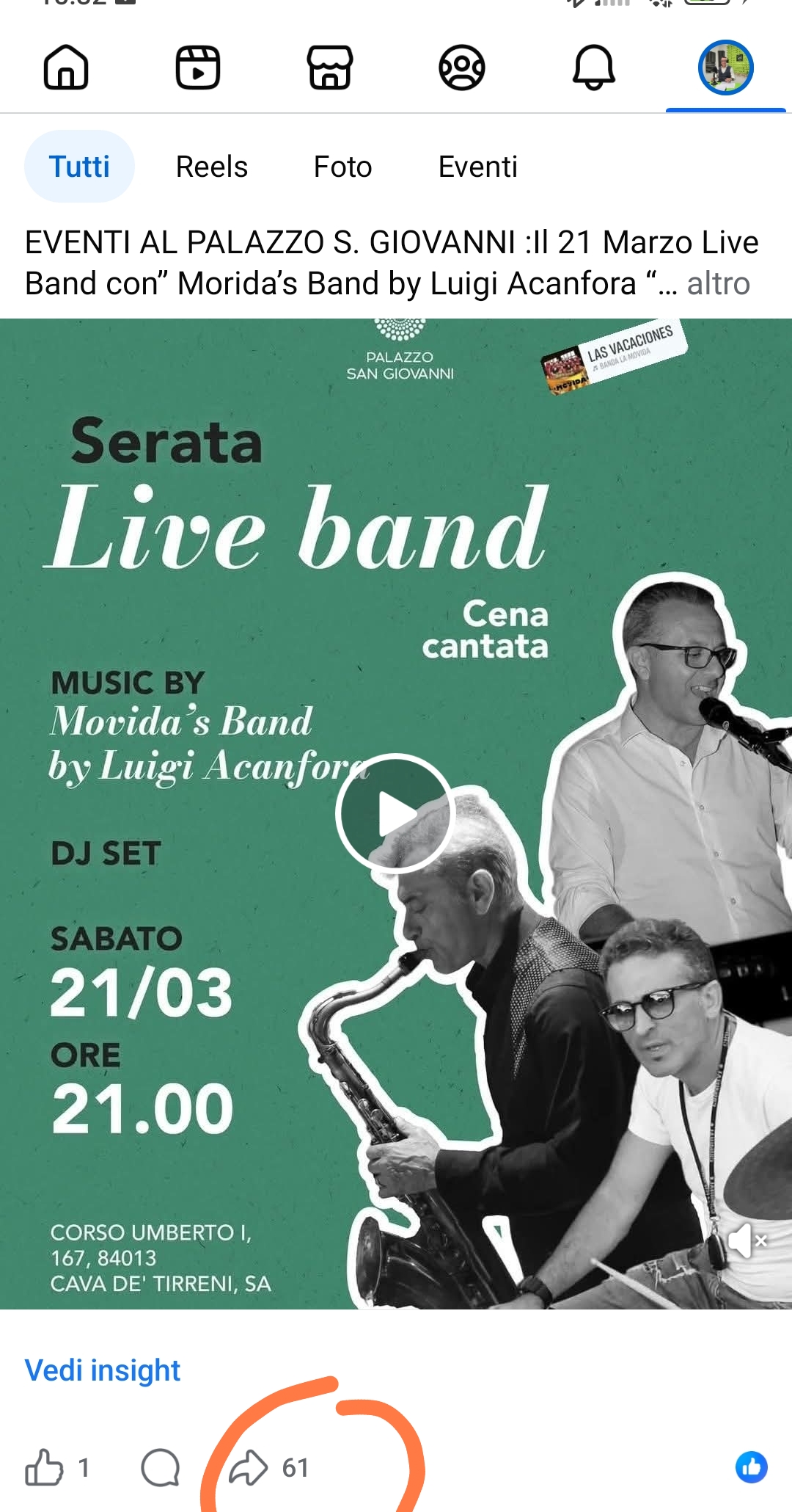 Eventi al Palazzo S. Giovanni (Cava de' Tirreni): il 21 marzo live con Morida's Band di Luigi Acanfo